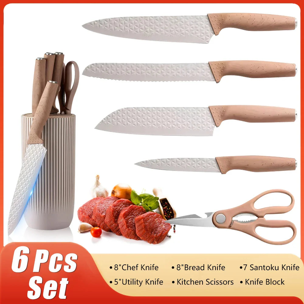 3CR13 Steel Kitchen Knife Set,pp Handle Chef knife Bread Santoku Utility Knife,Scissors,knives holder,beige grey 6pcs Gift box