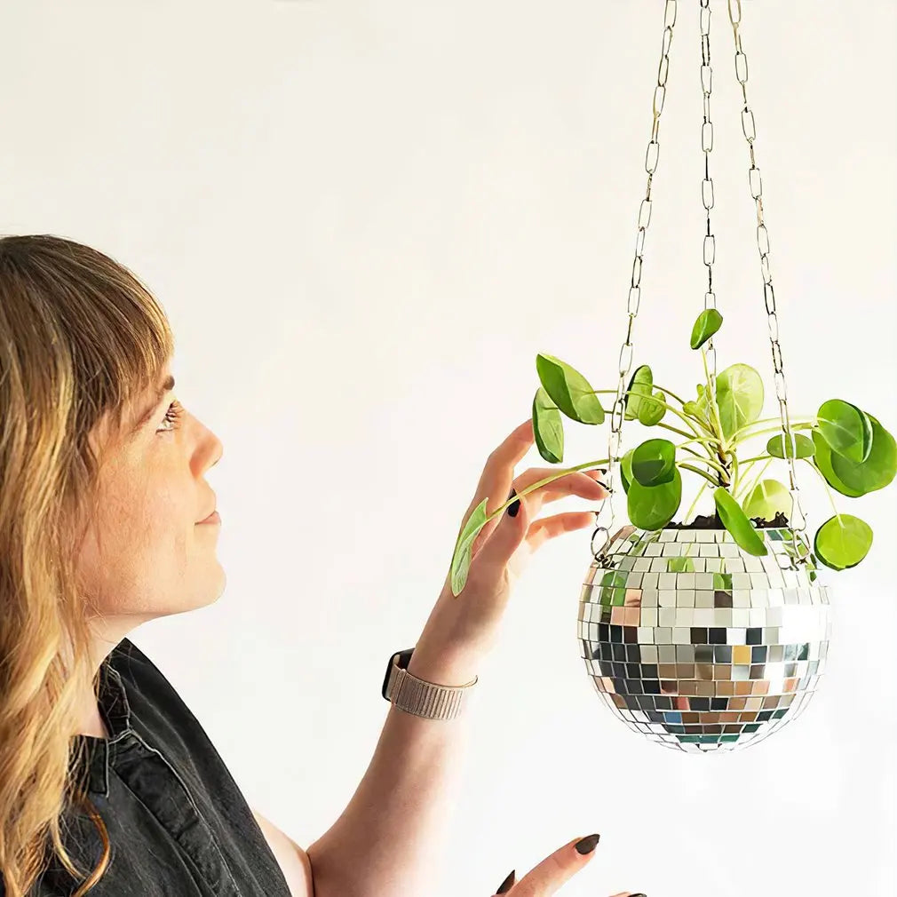 10CM Disco Ball Hanging Flower Pot Indoor Plants Bohemian Style Flower Planter Pots Rope Mirror Hanging Basket Garden Decor Vase