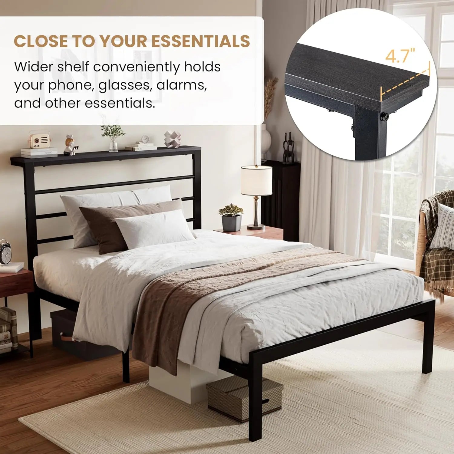 Twin Size Bed Frame with Headboard Shelf Heavy Duty Platform Bed Frame with Strong Metal Foundation No Box Spring Needed