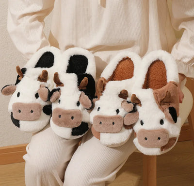 Plush Cartoon Cow Slippers for Warm Cozy Indoor Comfort