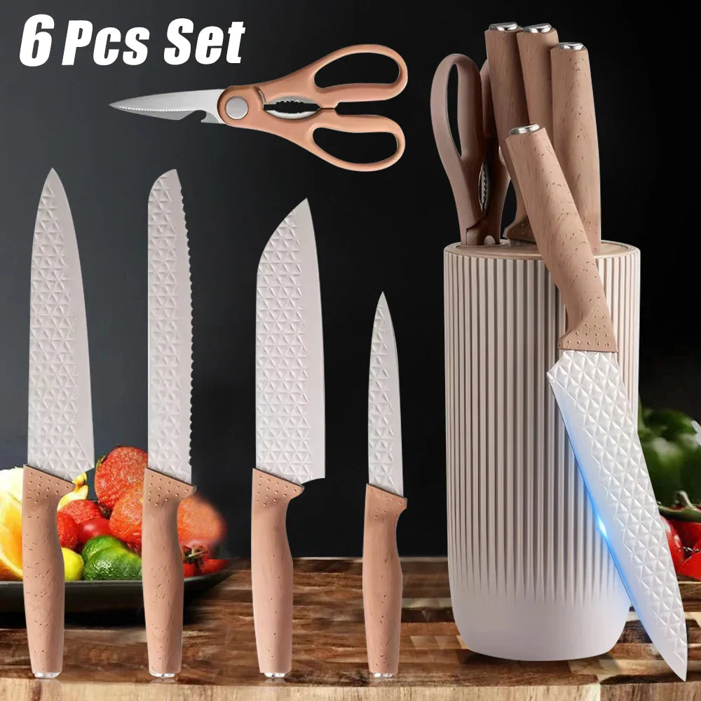 3CR13 Steel Kitchen Knife Set,pp Handle Chef knife Bread Santoku Utility Knife,Scissors,knives holder,beige grey 6pcs Gift box