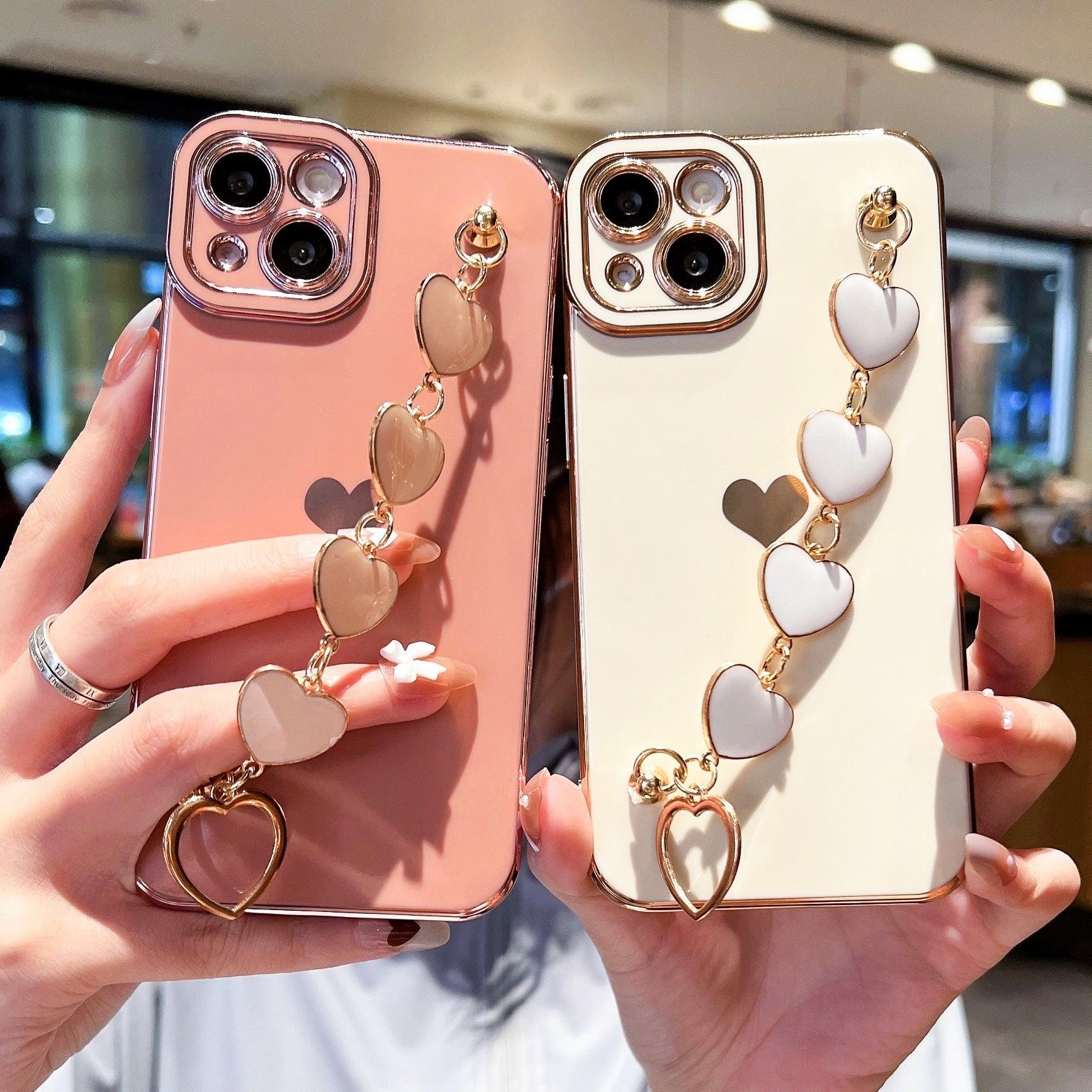 Luxury Love Heart Elegant Sparkle Case With Chain Bracelet Strap Soft Protective Bumper Cover Compatible with iPhone Bracelet soft case for iPhone 12 Pro Max 11 pro max X XS XR 7 8 Plus Stylish Phone Cover