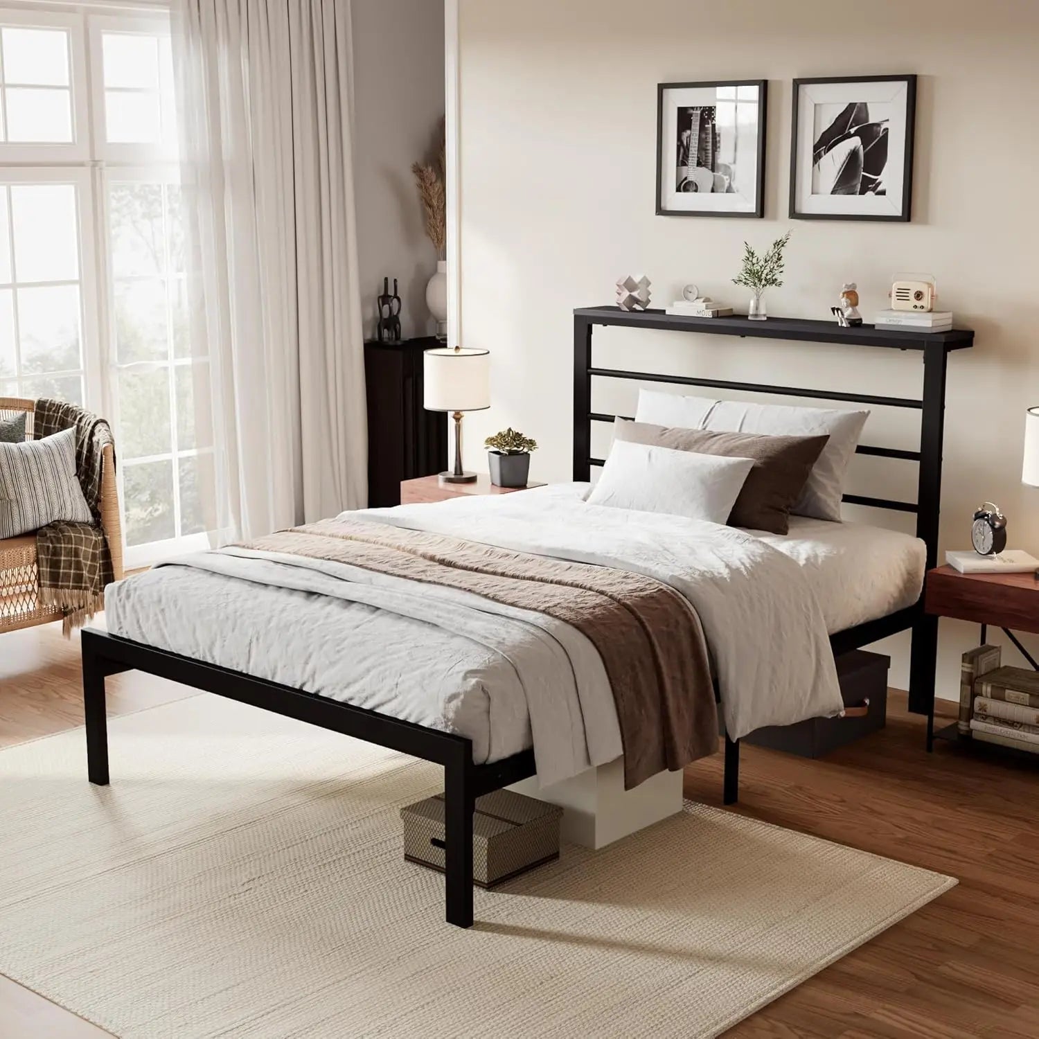 Twin Size Bed Frame with Headboard Shelf Heavy Duty Platform Bed Frame with Strong Metal Foundation No Box Spring Needed