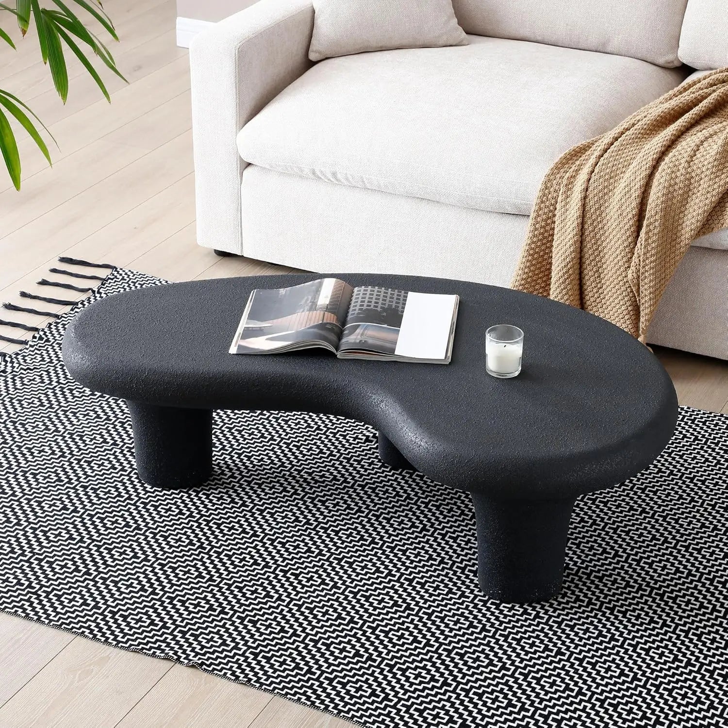 43.31 Modern Oval Coffee Table for Living Room, Contemporary Rustic Style Curved Accent Table, Fiberglass Material