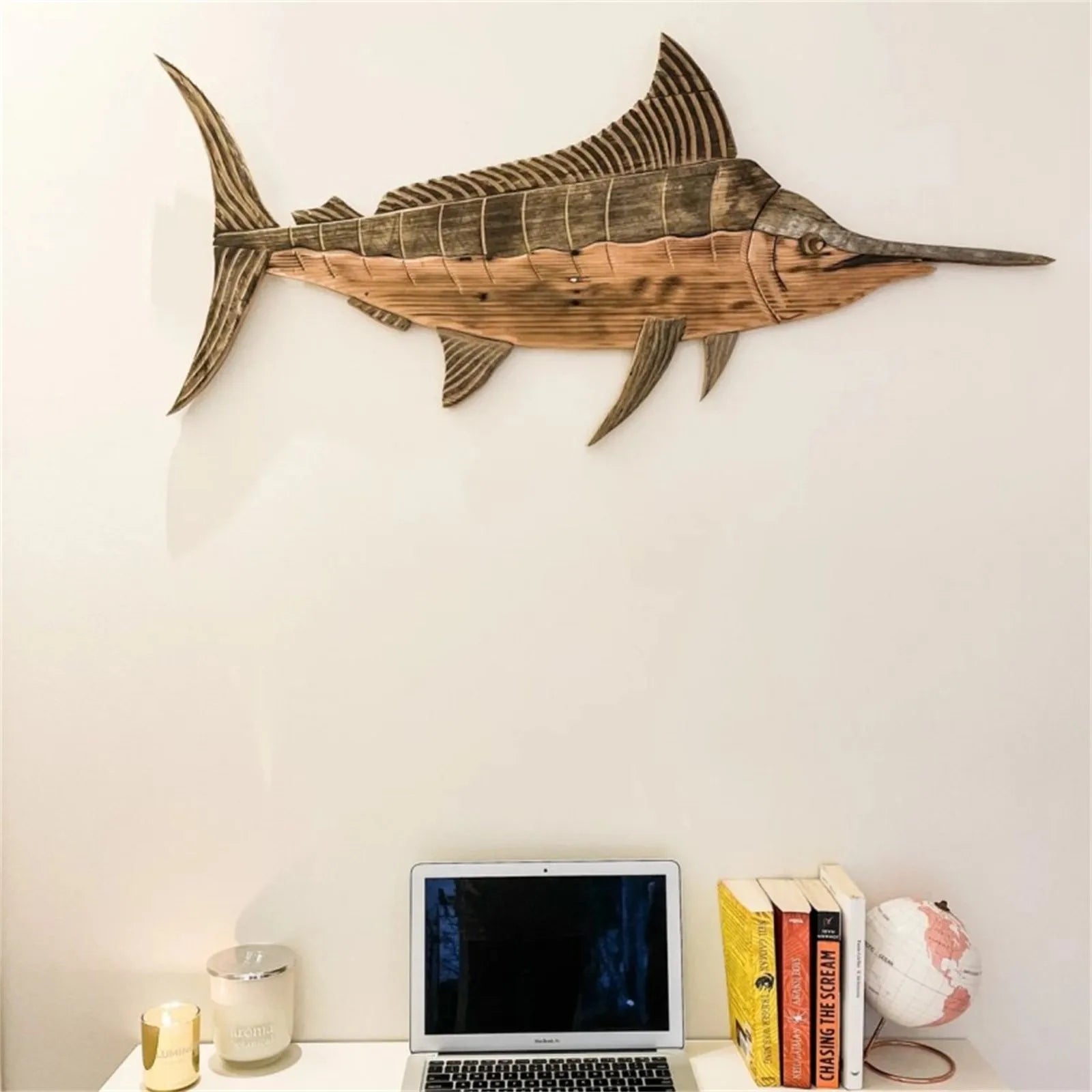 Wooden Sea Fish Decor Statue Whale Figurine Sculpture Ornament Wall Hanging Rustic Decor Home Living Room Bedroom Sculpture