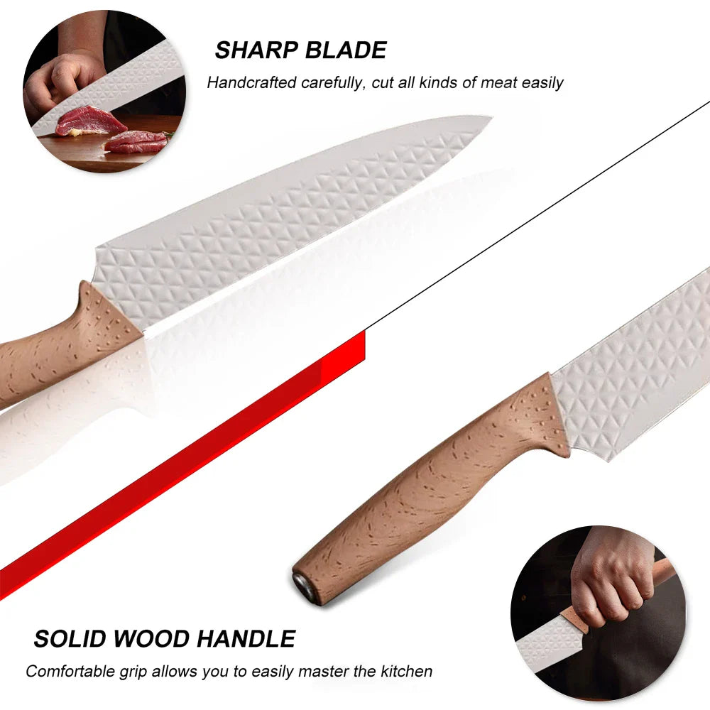 3CR13 Steel Kitchen Knife Set,pp Handle Chef knife Bread Santoku Utility Knife,Scissors,knives holder,beige grey 6pcs Gift box