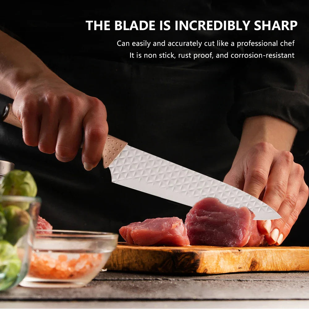 3CR13 Steel Kitchen Knife Set,pp Handle Chef knife Bread Santoku Utility Knife,Scissors,knives holder,beige grey 6pcs Gift box