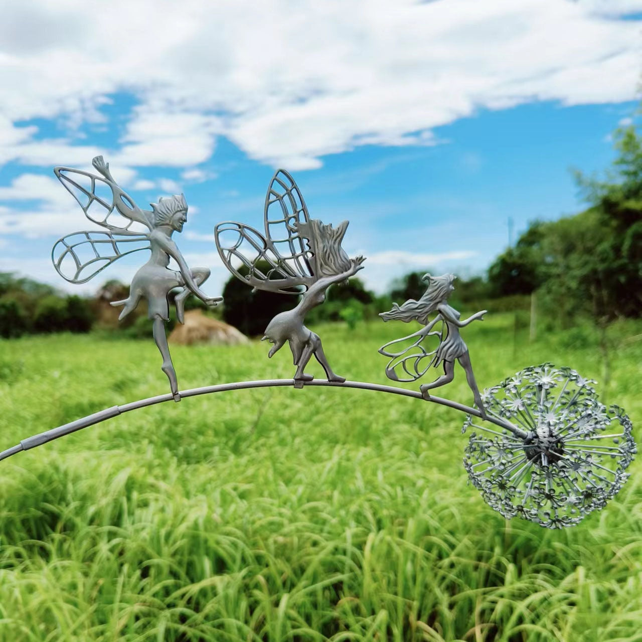 Dancing Fairy Statue Steel Wires Fairy Elf Dandelion Miniature Sculpture Mythical Garden Figurine Fairies Pixies Yard Decor