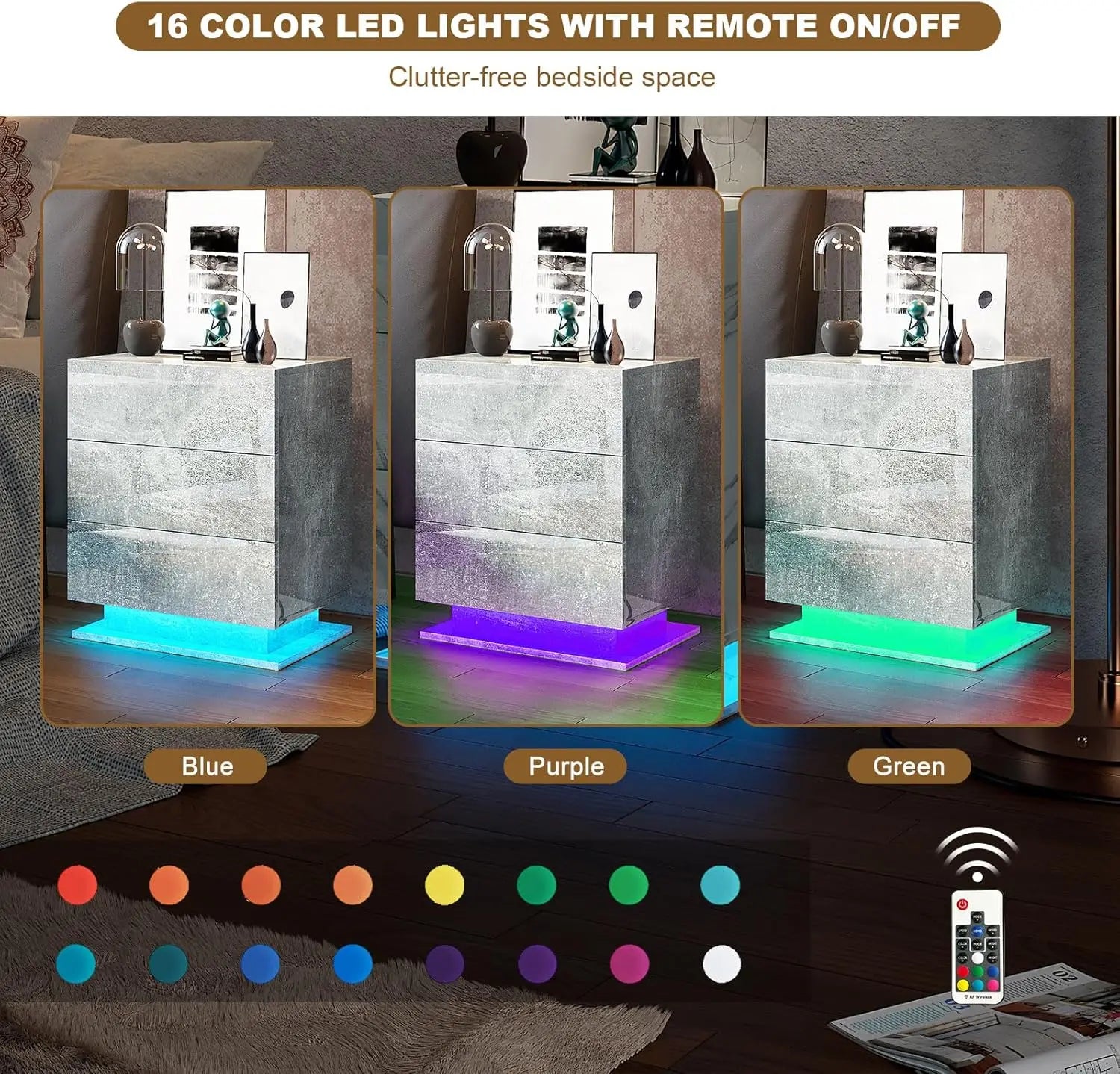 Nightstand Set of 2 LED Nightstand with 3 Drawers,Modern High Gloss Bedside Table