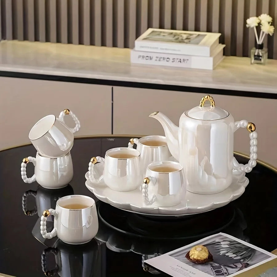 1pc/6pcs/8pcs/set European pearl glazed porcelain tea set - Pearl white porcelain teapot and sugar milk oil teapot