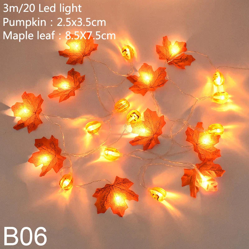 10/20 LED Pumpkin Maple Leaves Light String Fall Garland Battery Powered Indoor Outdoor Garden Halloween Thanksgiving Home Decor