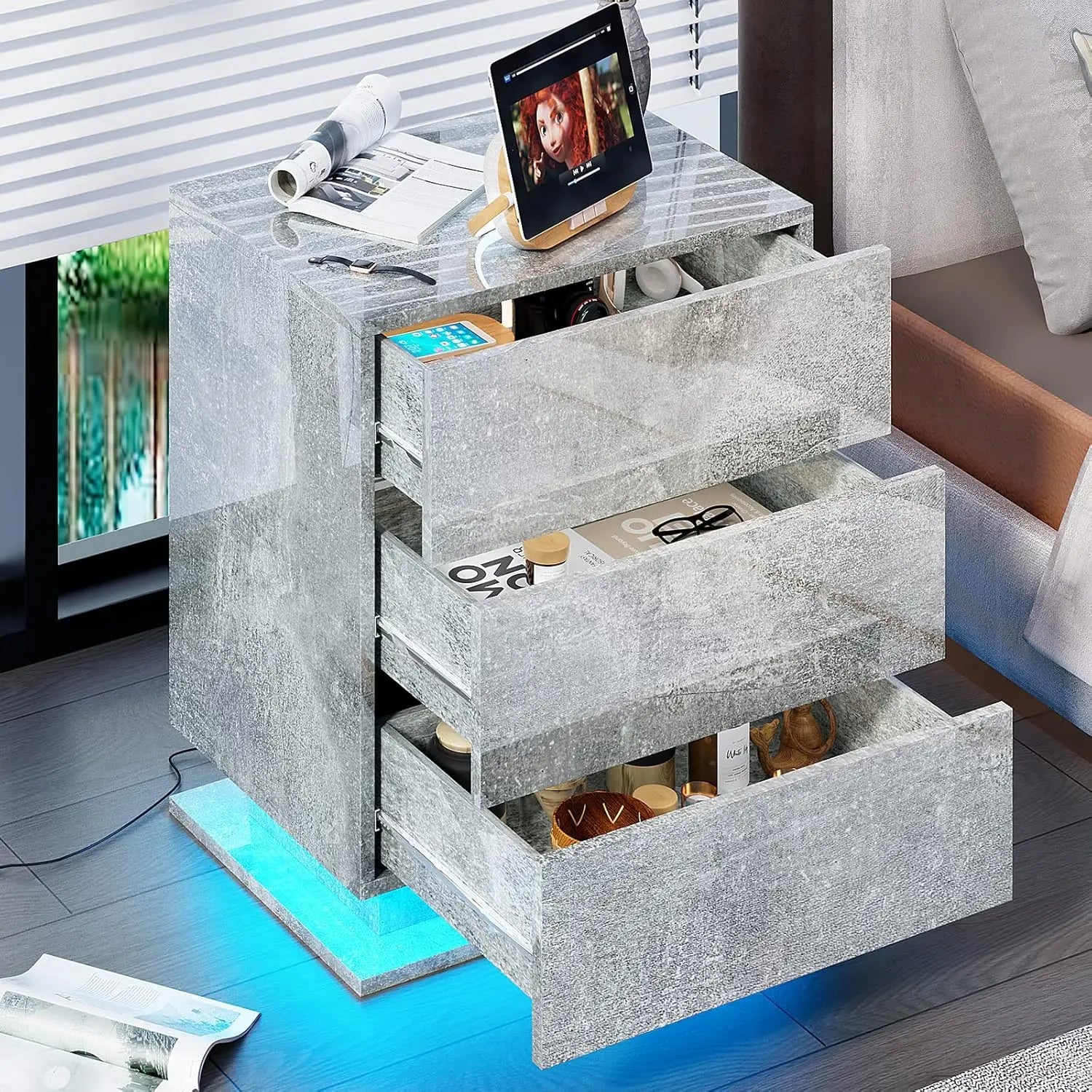 Nightstand Set of 2 LED Nightstand with 3 Drawers,Modern High Gloss Bedside Table