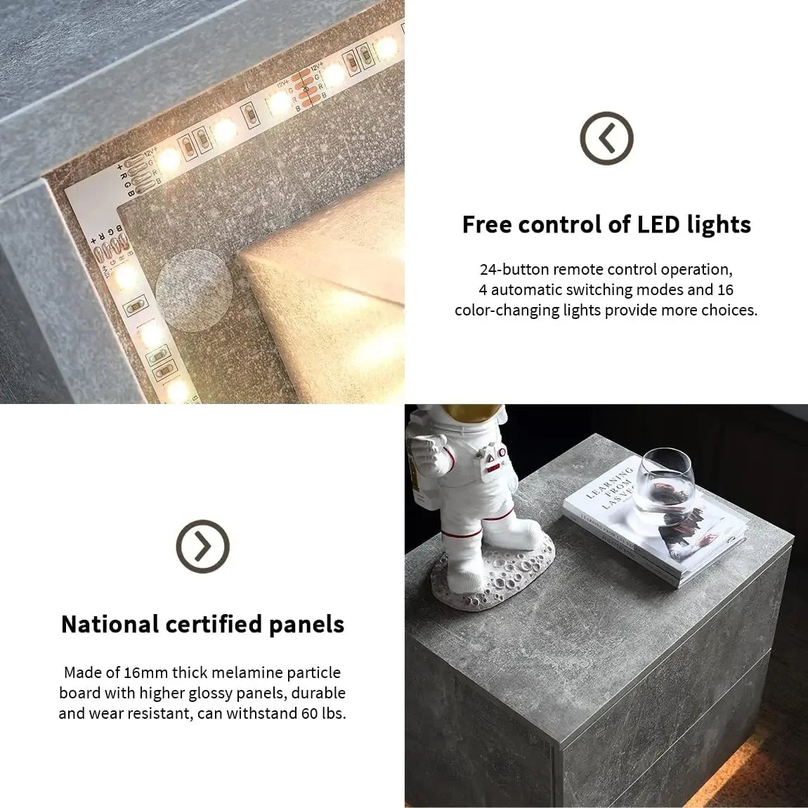 Generic LED NightstandBedside Table with LED Lights for Bedroom Living Room Modern Nightstand with 2Drawers LED Light Nightstand