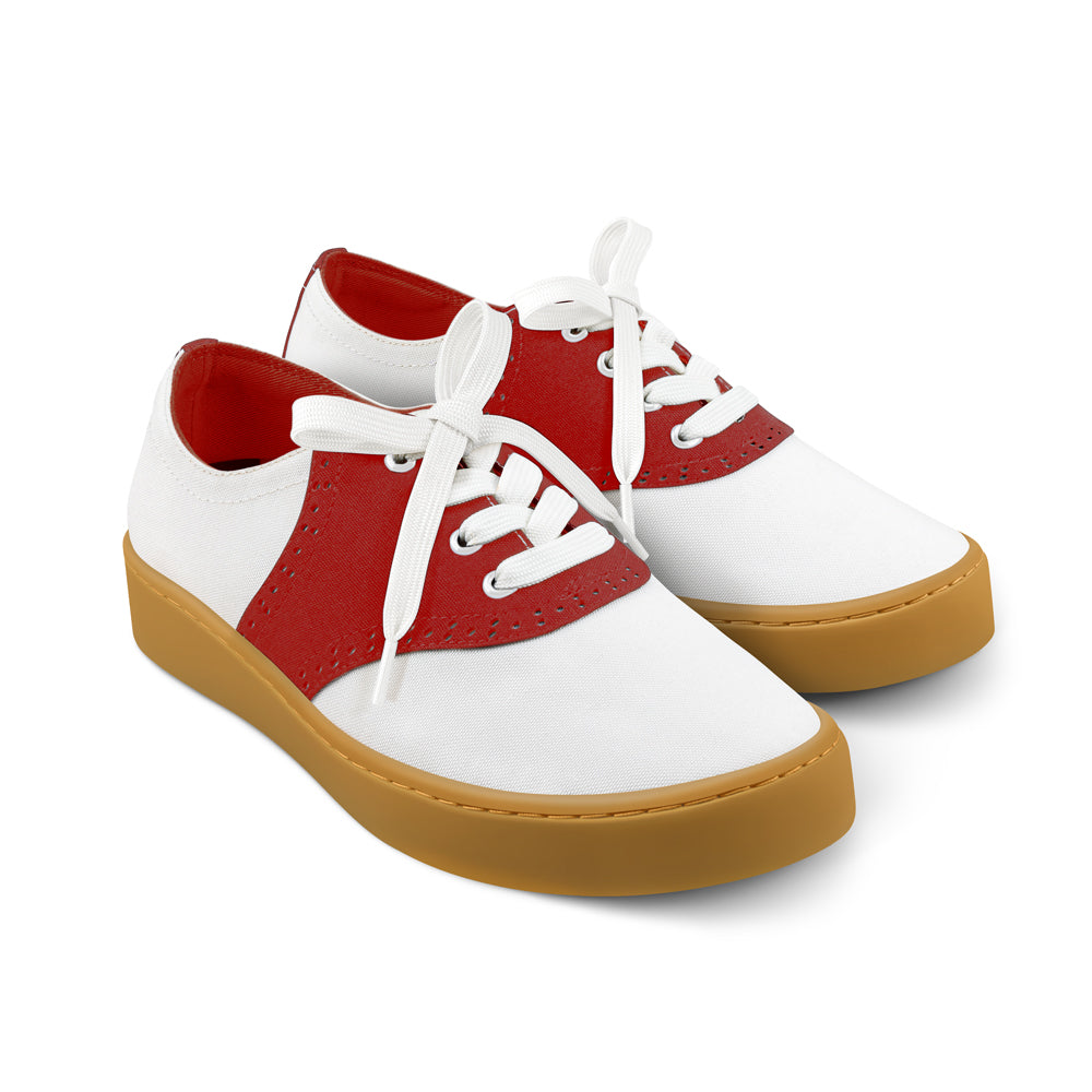 Red and white sneakers with brown soles on a white background