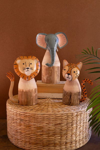 SET OF THREE RECYCLED WOOD AND IRON SAFARI ANIMALS