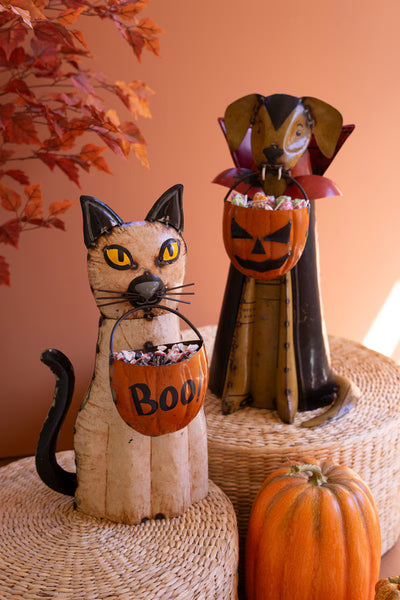 SET OF TWO RECYCLED METAL HALLOWEEN CAT AND DOG