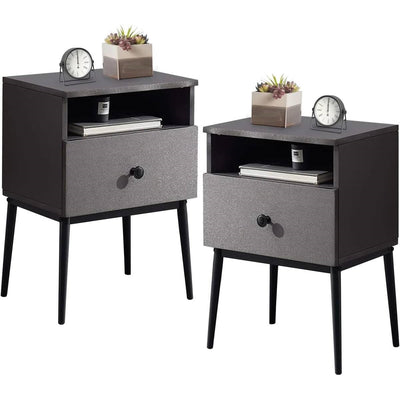 Set of 2 - Mid Century Modern Side Table Nightstand in Grey Black Wood Finish