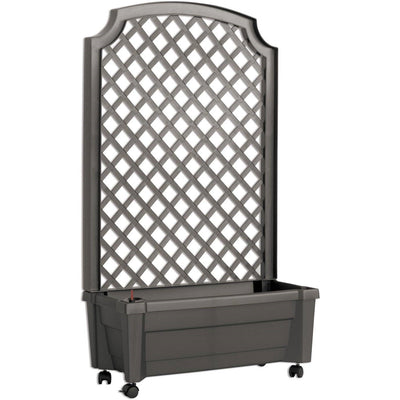 Outdoor Self-Watering Garden Planter with Trellis and Wheels in Grey Plastic