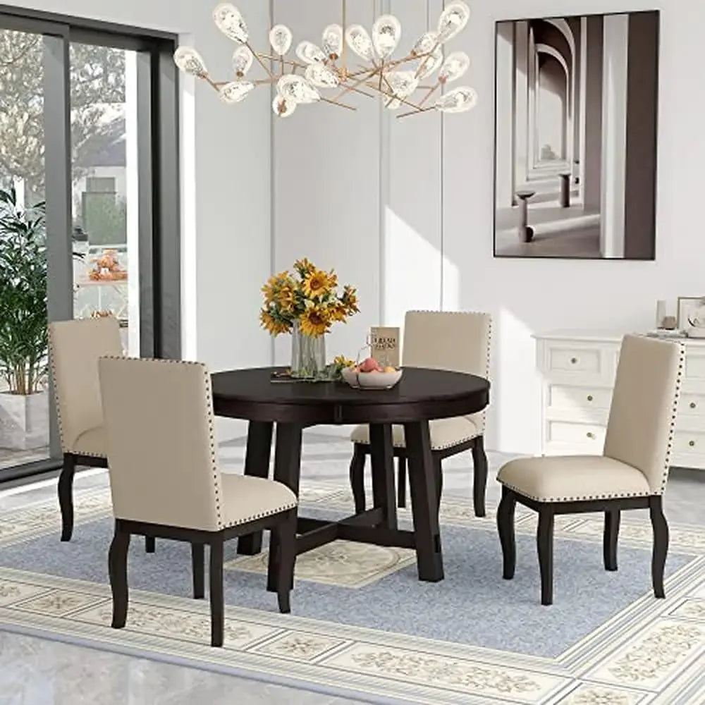 5-Piece Extendable Round Dining Table & Upholstered Chair Set Wood Farmhouse Dining Set Shelf Dining Table Set Temp Adjustable