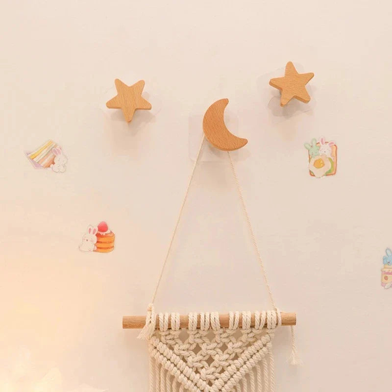 1Pc Star Moon Wooden Hook Multi-Purpose Key Holder Coat Storage Rack Wall Self Adhesive Hook Children Room Decoration Gadgets