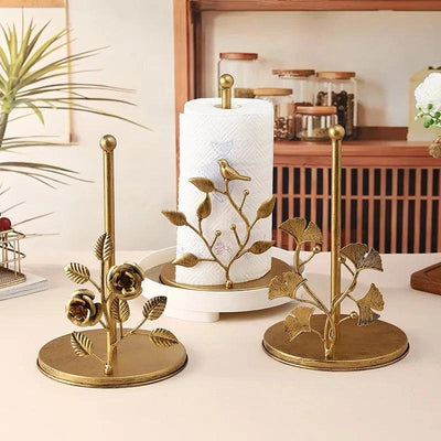 Kitchen Luxury Vertical Paper Towel Holder Multi Functional Metal Paper Roll Holder Rose Shaped Art Storage Rack