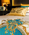 Gold and Blue Embroidery Satin Comforter Cover 4/6/10Pcs Bedding set Quilted Cotton Bedspread Flat/Fittedsheet Square pillowcases
