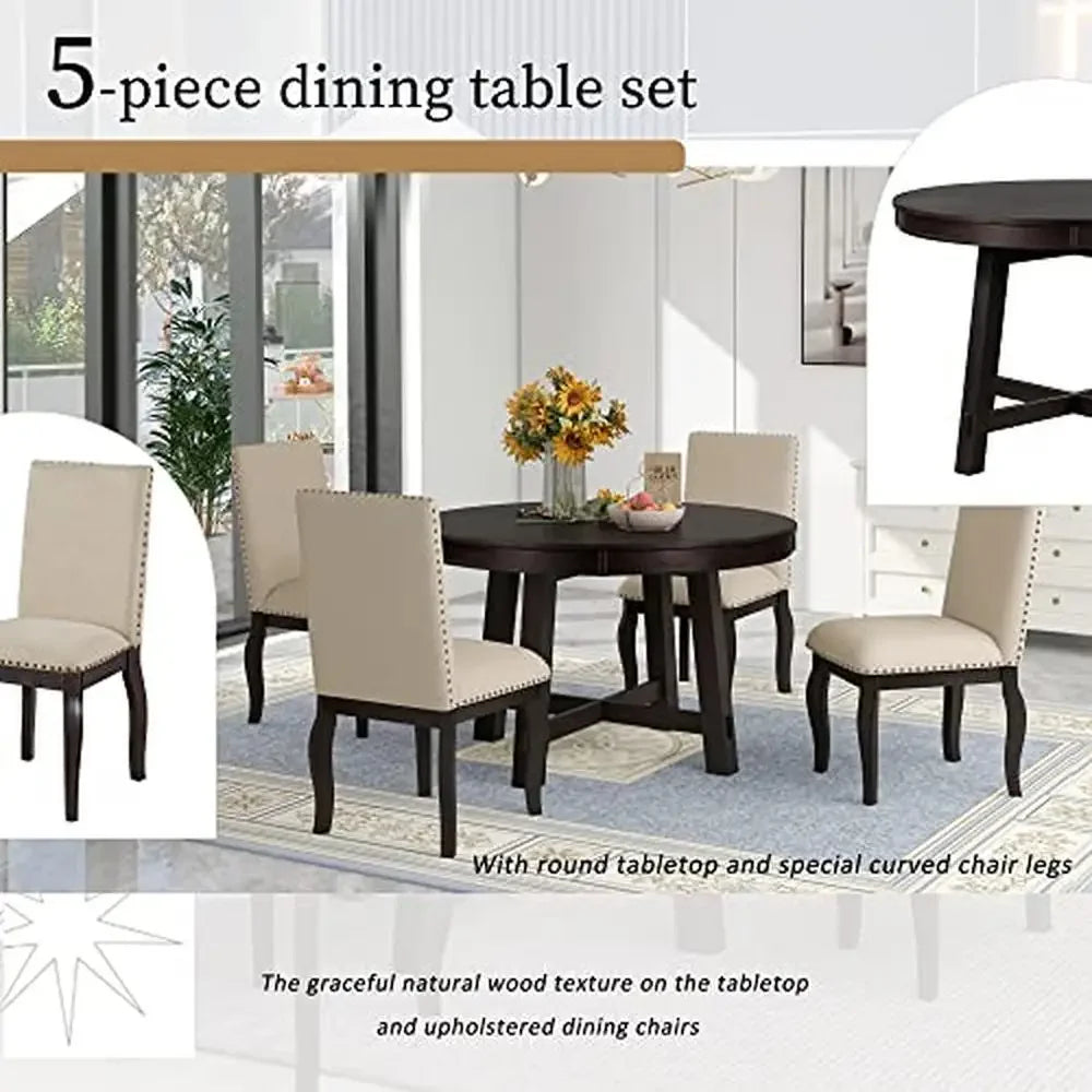 5-Piece Extendable Round Dining Table & Upholstered Chair Set Wood Farmhouse Dining Set Shelf Dining Table Set Temp Adjustable
