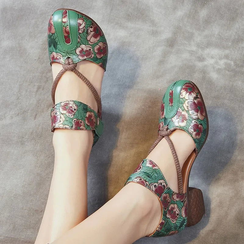Genuine Leather Embossed Thick Heel Soft Soled Vintage Sandals