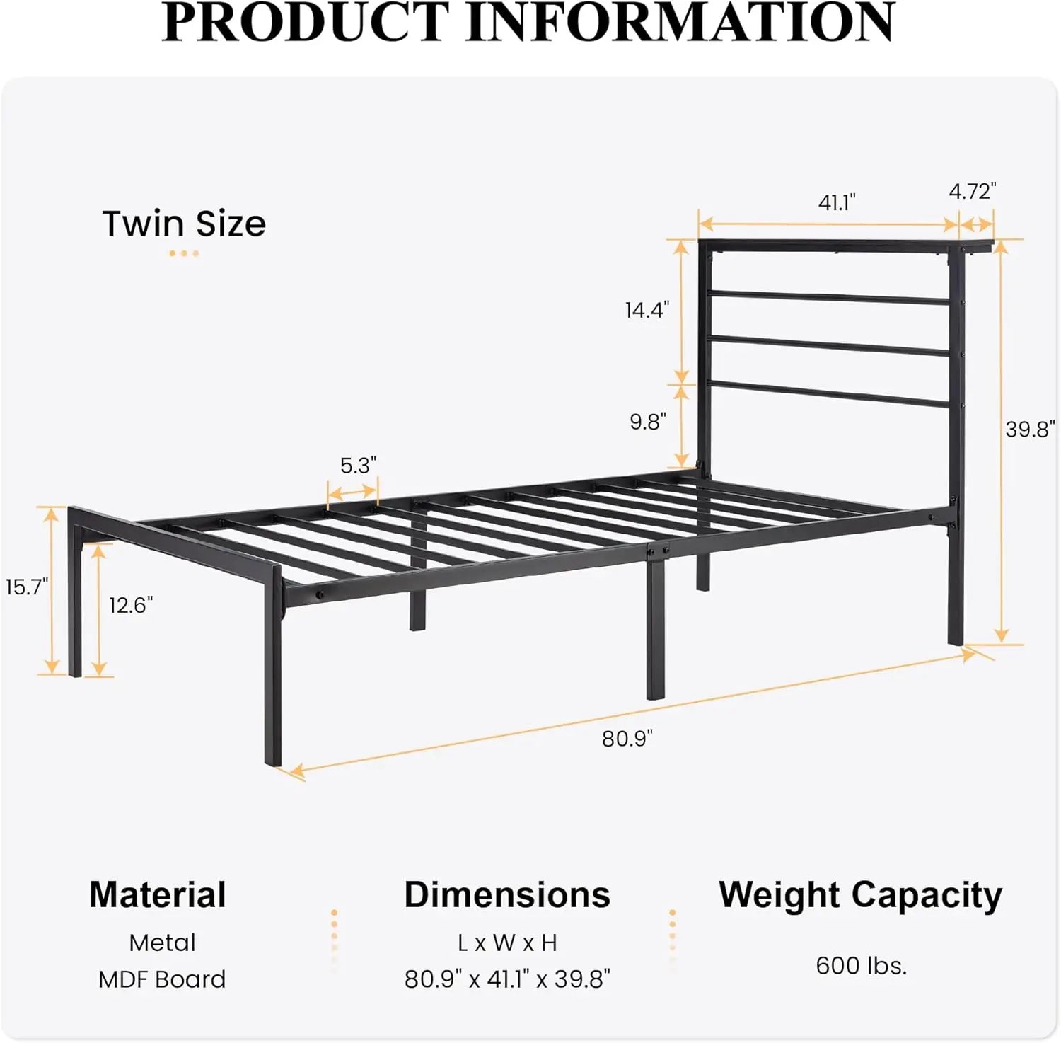 Twin Size Bed Frame with Headboard Shelf Heavy Duty Platform Bed Frame with Strong Metal Foundation No Box Spring Needed