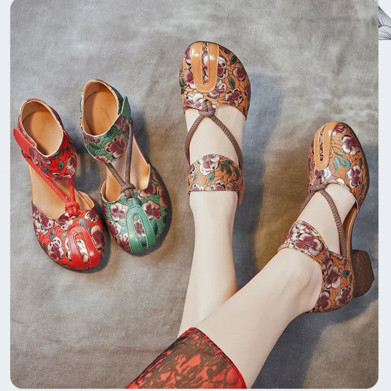 Genuine Leather Embossed Thick Heel Soft Soled Vintage Sandals