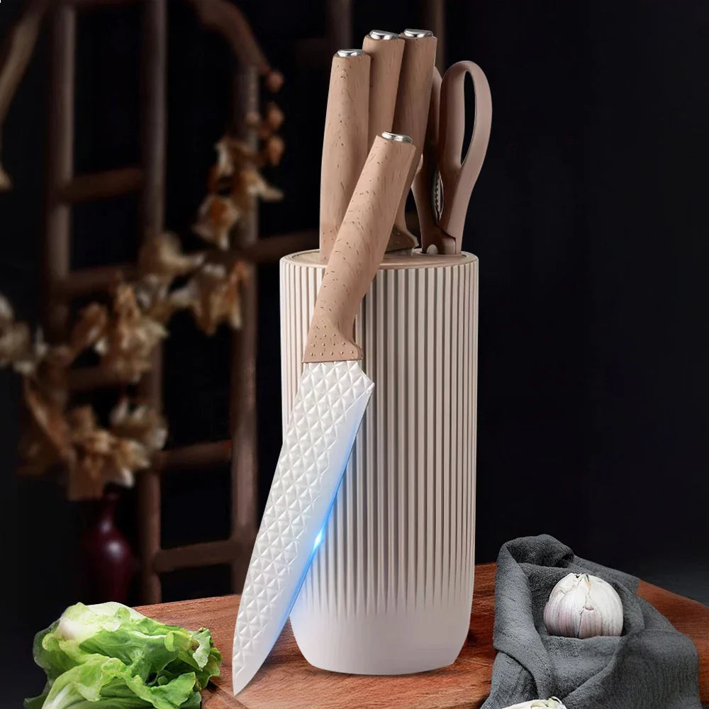 3CR13 Steel Kitchen Knife Set,pp Handle Chef knife Bread Santoku Utility Knife,Scissors,knives holder,beige grey 6pcs Gift box