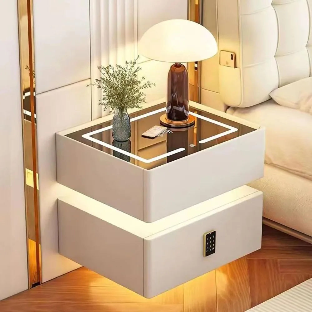 LED Nightstand with 2 Drawers, Wireless Charging Port, Password Lock, 3 Color Lights, Modern Simple Smart LED Nightstand