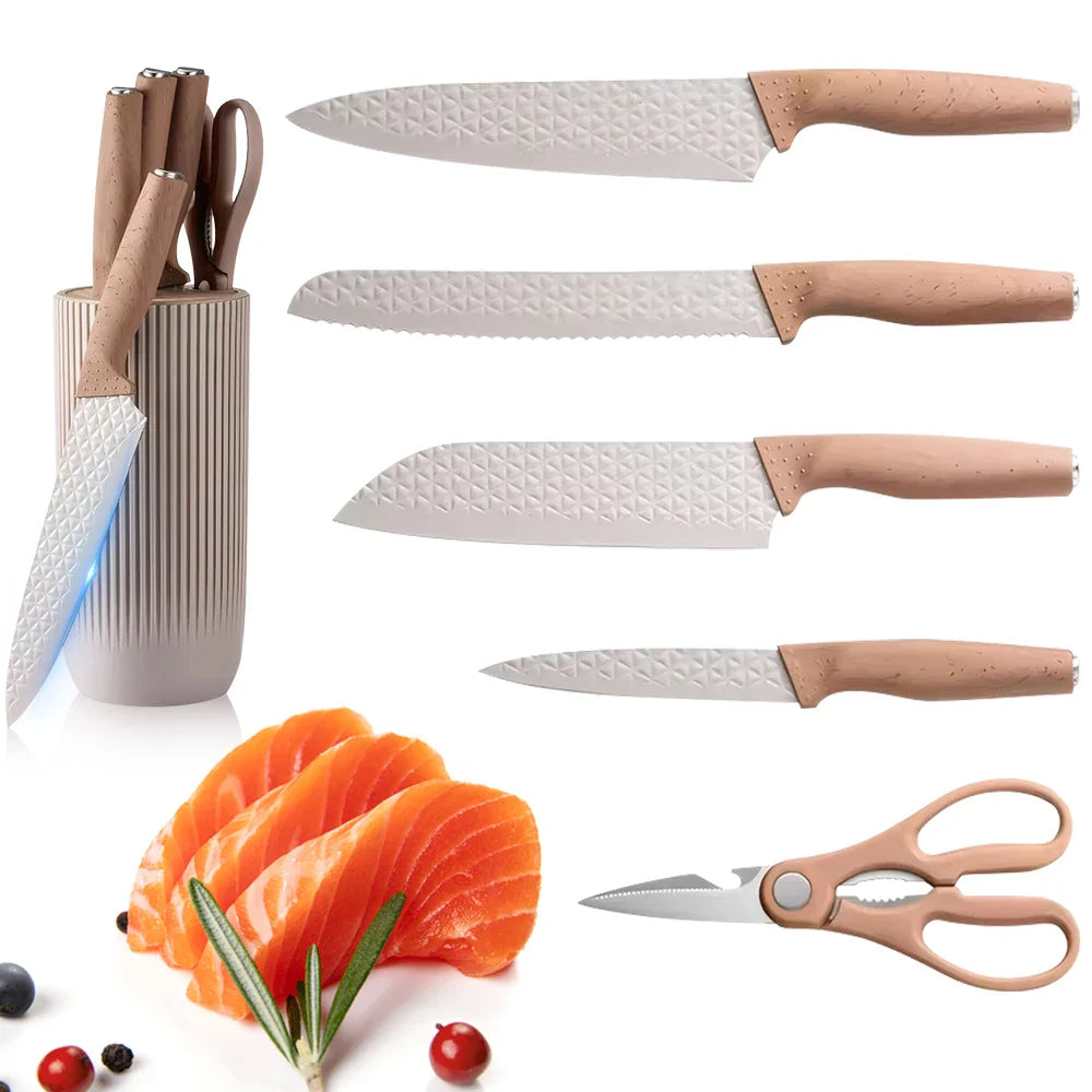 3CR13 Steel Kitchen Knife Set,pp Handle Chef knife Bread Santoku Utility Knife,Scissors,knives holder,beige grey 6pcs Gift box