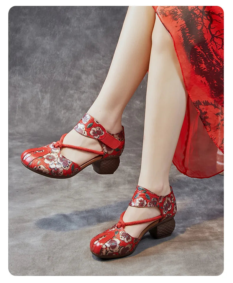 Genuine Leather Embossed Thick Heel Soft Soled Vintage Sandals