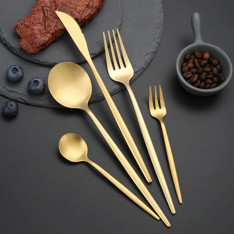 16Pcs Gold Stainless Steel Cutlery Set Knife Fork Spoon Dinnerware Matte Tableware Set Wedding Birthday Silverware Dinner