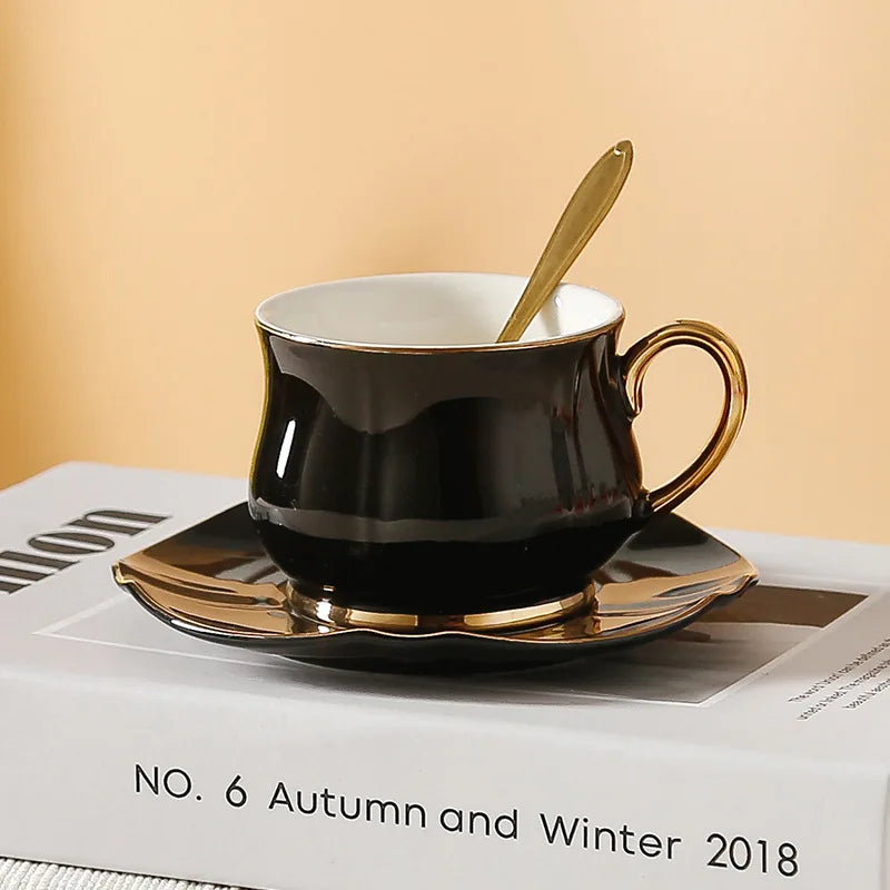 180ml European Espresso Cup Plate Set Light Luxury Gold Handle Ceramic Cup Coffee Cup And Dish Set Afternoon Camellia Tea Cup