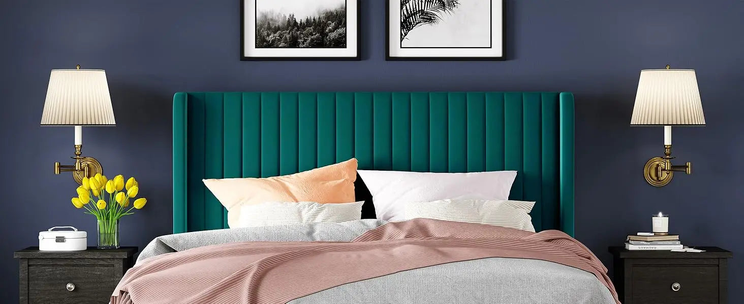 Full Size Velvet Bed Frame/Vertical Channel Tufted Wingback Headboard/Upholstered Platform Bed/Strong Wooden Slats/No Bo
