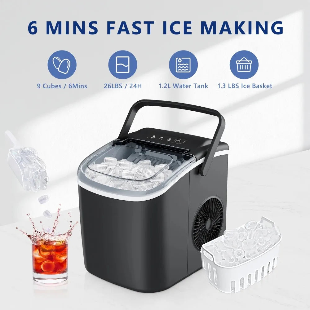 26 lbs/24H Countertop Ice Maker Machine, 9 Bullet-Shaped Ice in 6 Min, Auto-Cleaning home appliance bar kitchen