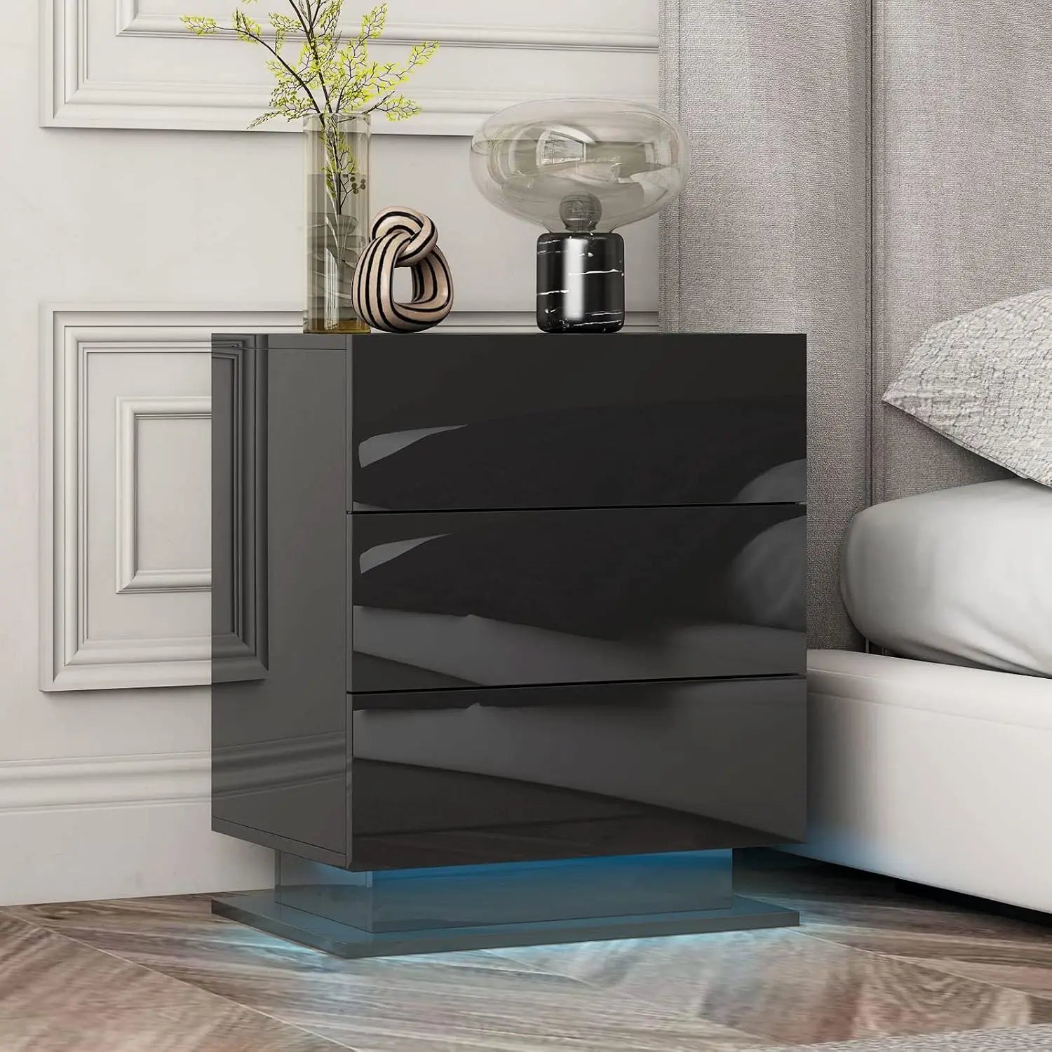 Nightstand Set of 2 LED Nightstand with 3 Drawers,Modern High Gloss Bedside Table