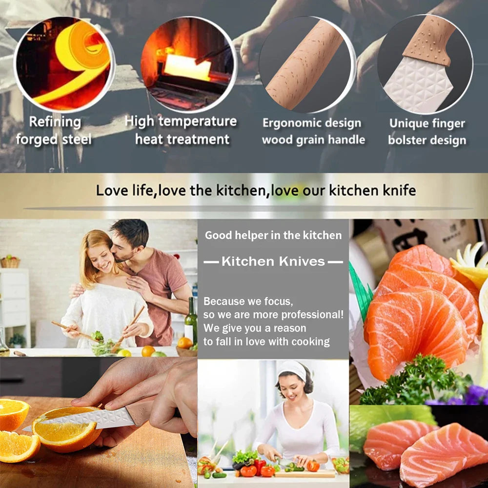3CR13 Steel Kitchen Knife Set,pp Handle Chef knife Bread Santoku Utility Knife,Scissors,knives holder,beige grey 6pcs Gift box