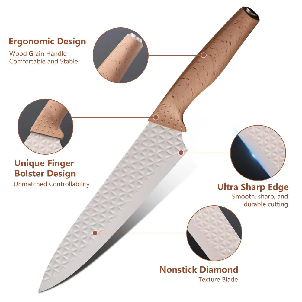 3CR13 Steel Kitchen Knife Set,pp Handle Chef knife Bread Santoku Utility Knife,Scissors,knives holder,beige grey 6pcs Gift box
