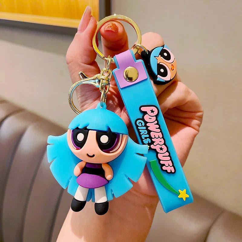 Cute Powerpuff Girls Figure Keychain Anime Cartoon Keyring Jewelry Pendent Car Key Accessories Ornament Toy Xmas Gift for Kids
