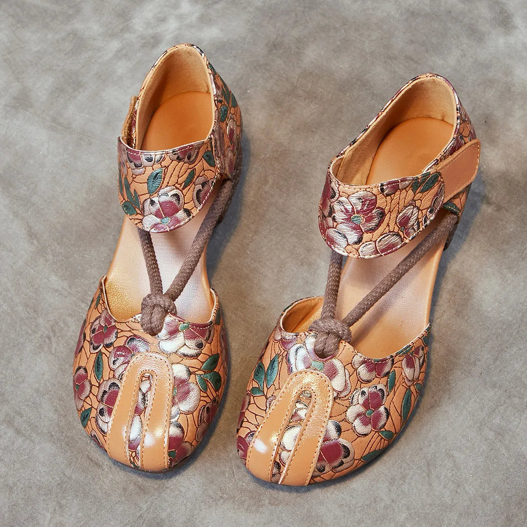 Genuine Leather Embossed Thick Heel Soft Soled Vintage Sandals