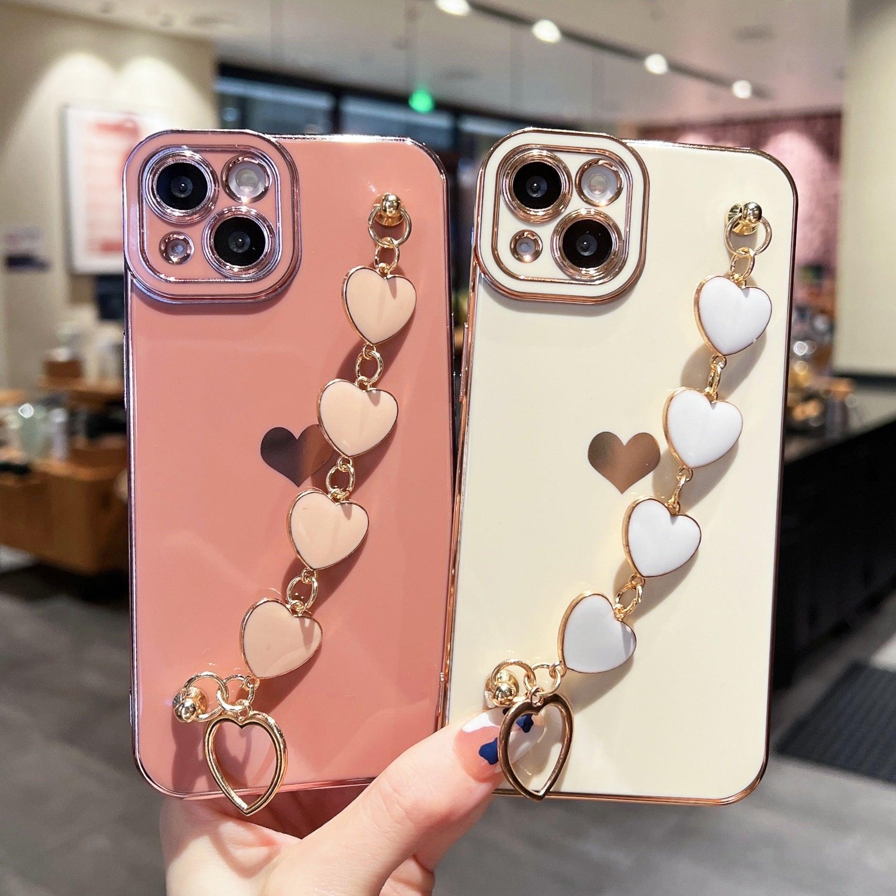 Luxury Love Heart Elegant Sparkle Case With Chain Bracelet Strap Soft Protective Bumper Cover Compatible with iPhone Bracelet soft case for iPhone 12 Pro Max 11 pro max X XS XR 7 8 Plus Stylish Phone Cover