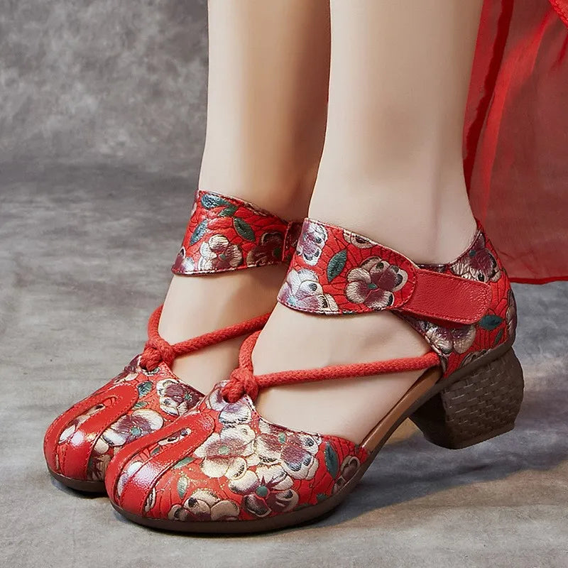 Genuine Leather Embossed Thick Heel Soft Soled Vintage Sandals