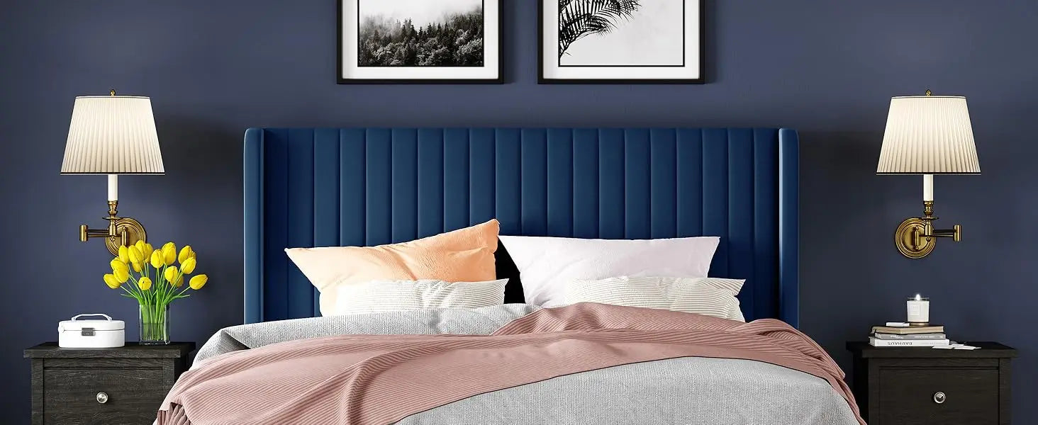 Full Size Velvet Bed Frame/Vertical Channel Tufted Wingback Headboard/Upholstered Platform Bed/Strong Wooden Slats/No Bo