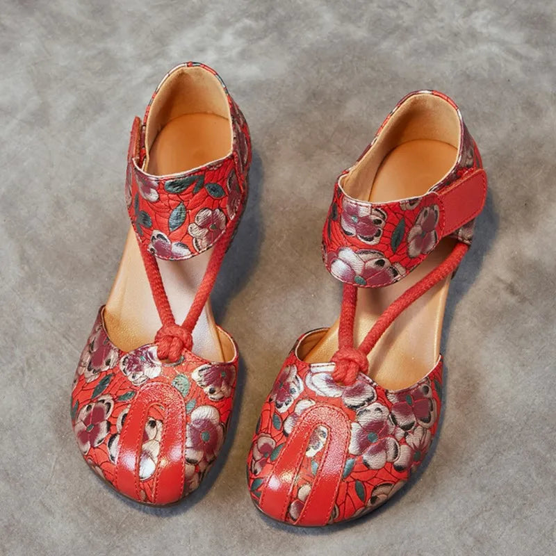 Genuine Leather Embossed Thick Heel Soft Soled Vintage Sandals