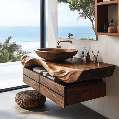 Seravik Live Edge Solid Wood Floating Bathroom Vanity with Drawers