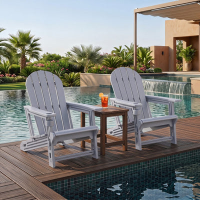 Set of 2 HDPE Adirondack Chair with Cup Holder and Wooden Texture for Patio-Gray