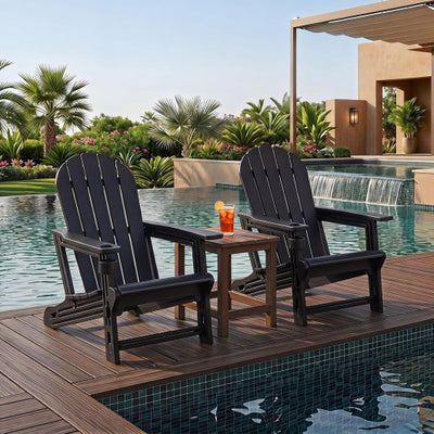 Set of 2 HDPE Adirondack Chair with Cup Holder and Wooden Texture for Patio-Black